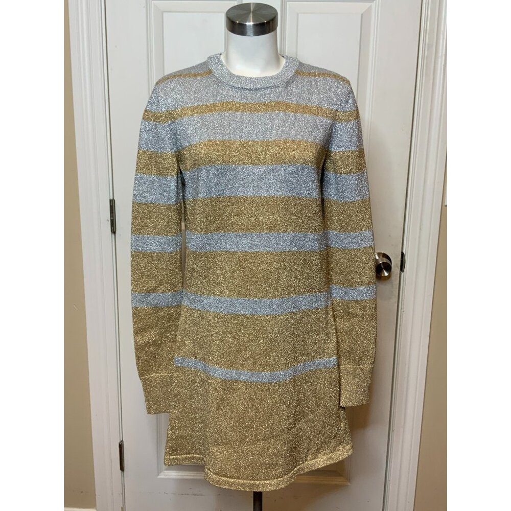 Paco Rabanne Silver & Gold Metallic Striped Sweater Dress, Size XL, NWT! $910